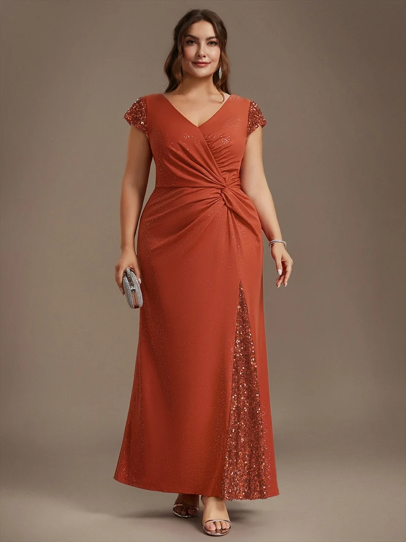 ever KAIA|Robe Moulante Stretch à Manches Courtes Col V Noué avec Sequins