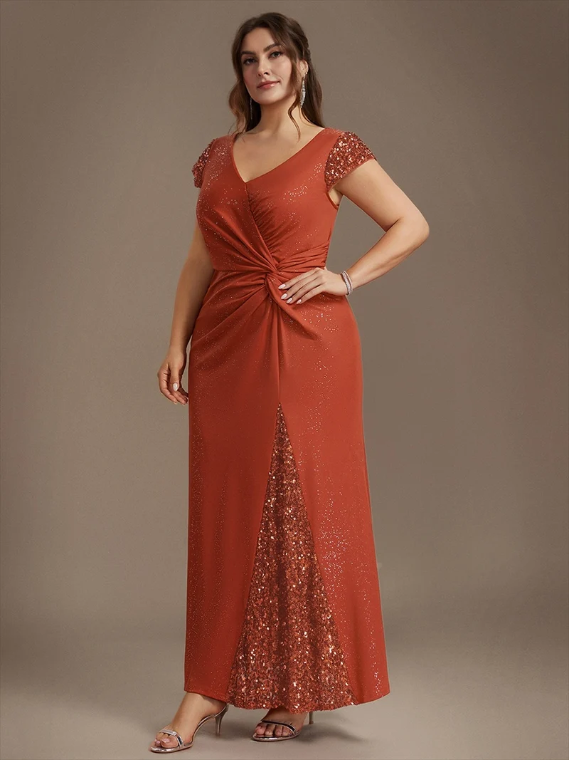 ever KAIA|Robe Moulante Stretch à Manches Courtes Col V Noué avec Sequins