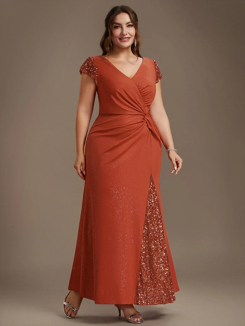 ever KAIA|Robe Moulante Stretch à Manches Courtes Col V Noué avec Sequins