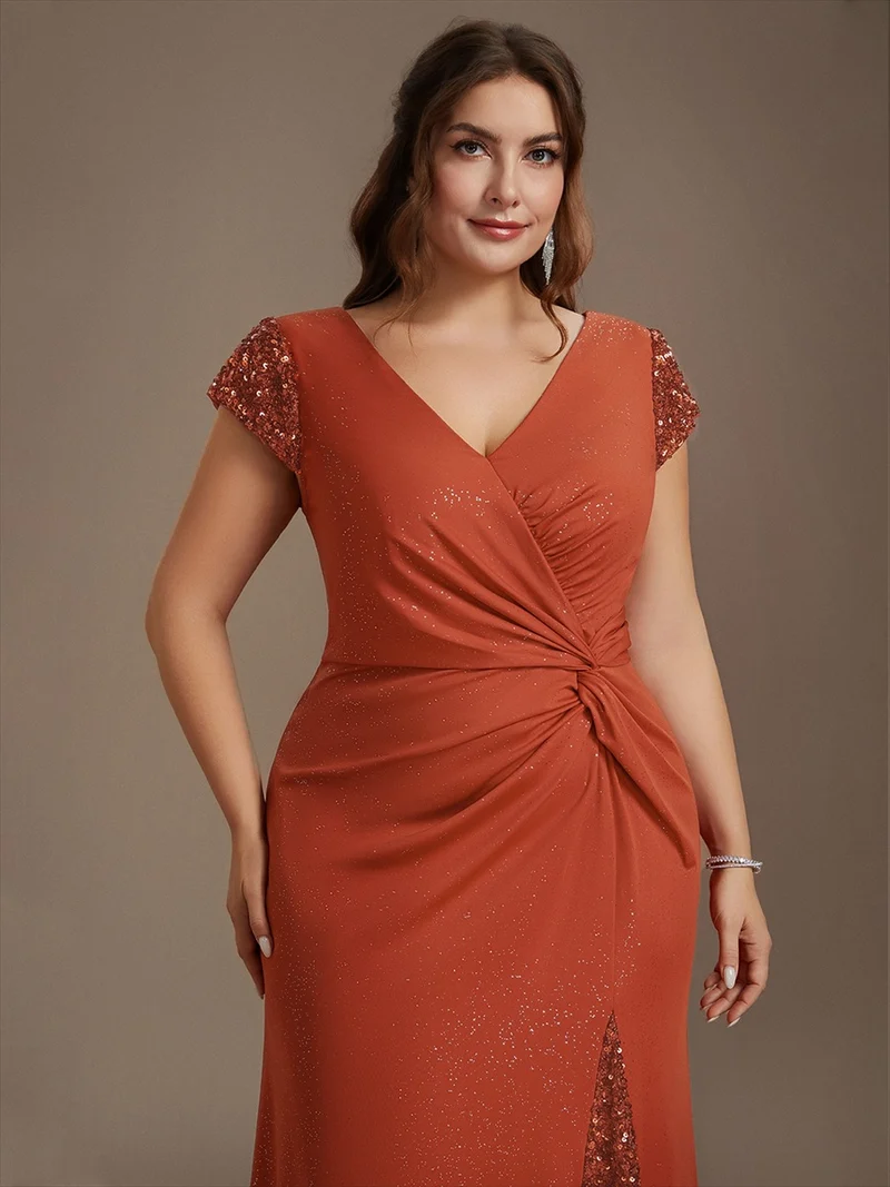 ever KAIA|Robe Moulante Stretch à Manches Courtes Col V Noué avec Sequins