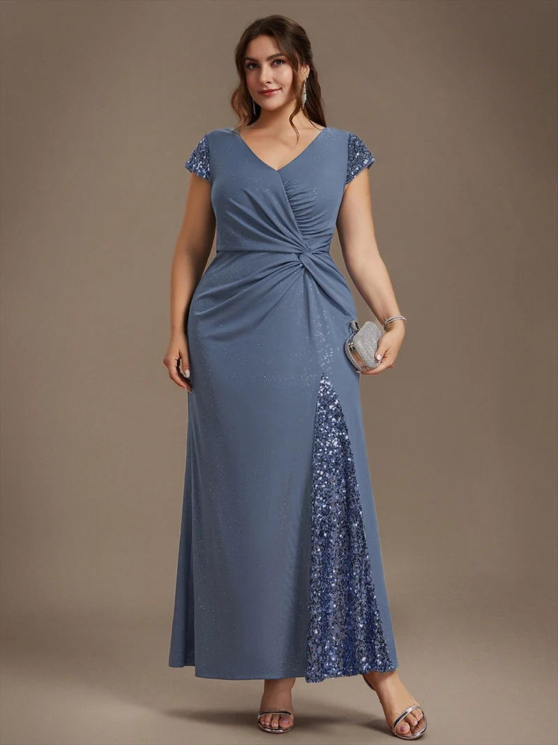 ever KAIA|Robe Moulante Stretch à Manches Courtes Col V Noué avec Sequins