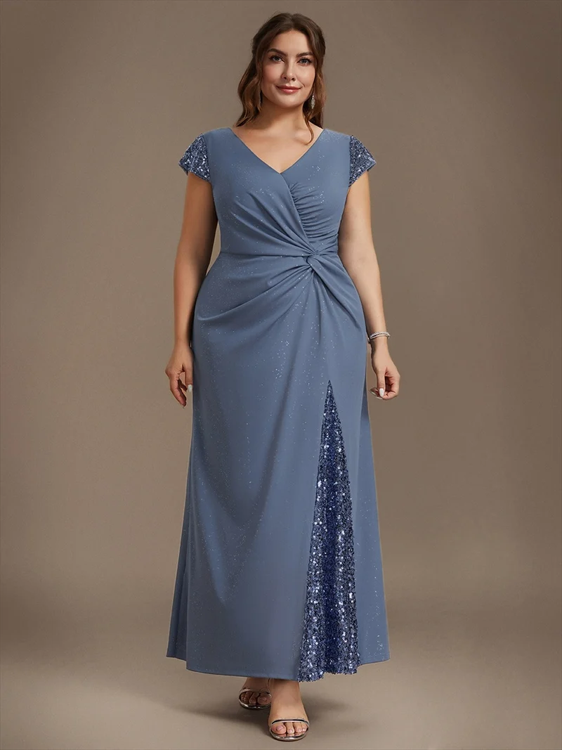 ever KAIA|Robe Moulante Stretch à Manches Courtes Col V Noué avec Sequins
