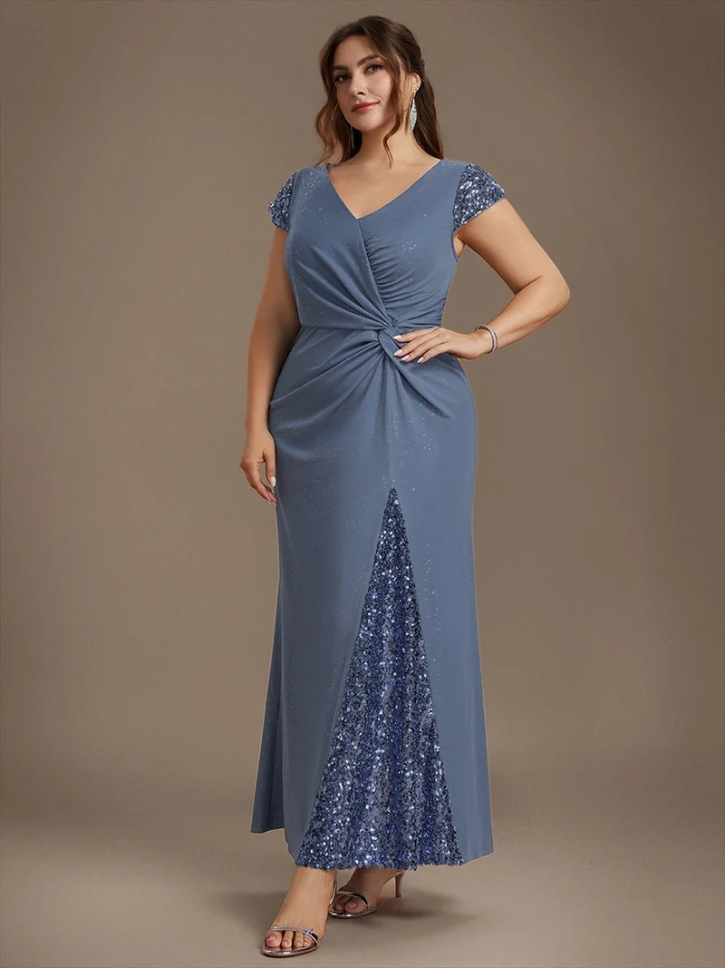 ever KAIA|Robe Moulante Stretch à Manches Courtes Col V Noué avec Sequins
