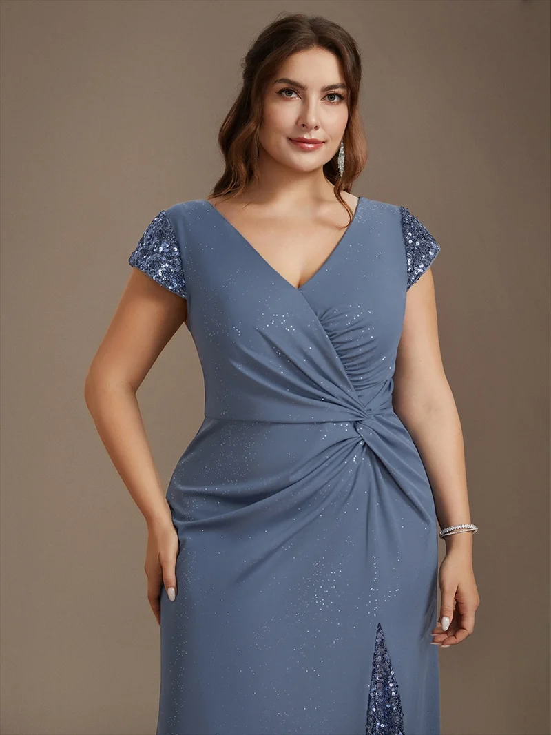 ever KAIA|Robe Moulante Stretch à Manches Courtes Col V Noué avec Sequins