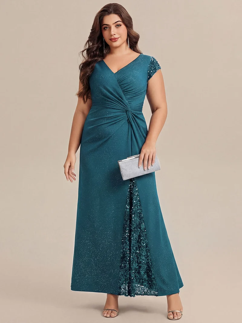 ever KAIA|Robe Moulante Stretch à Manches Courtes Col V Noué avec Sequins