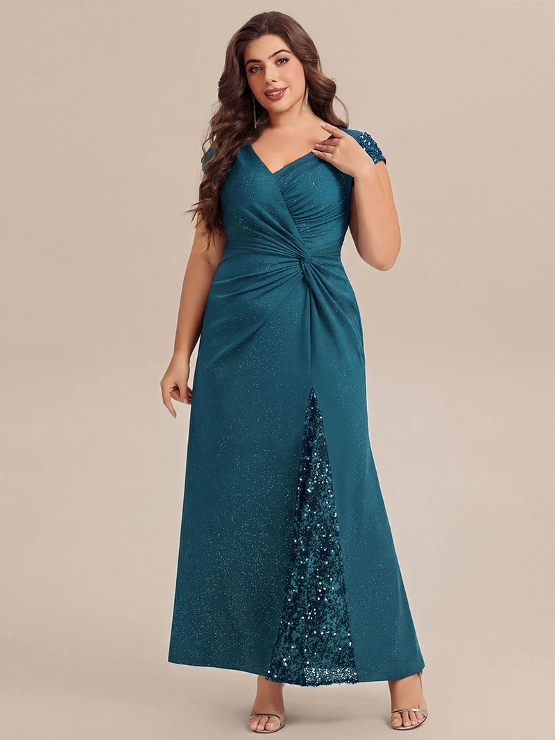 ever KAIA|Robe Moulante Stretch à Manches Courtes Col V Noué avec Sequins