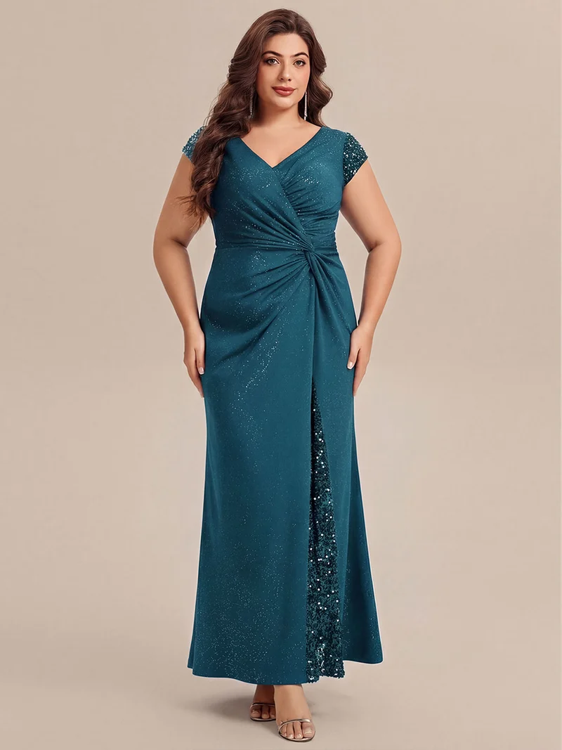 ever KAIA|Robe Moulante Stretch à Manches Courtes Col V Noué avec Sequins
