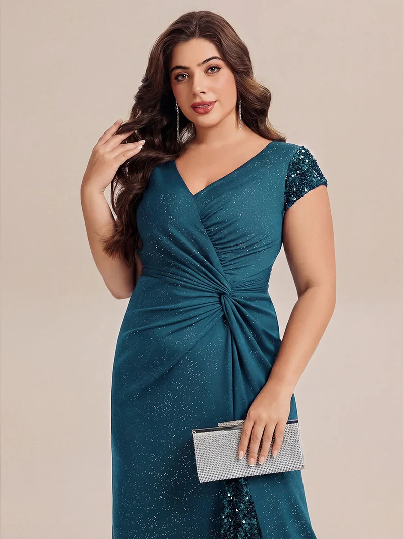 ever KAIA|Robe Moulante Stretch à Manches Courtes Col V Noué avec Sequins