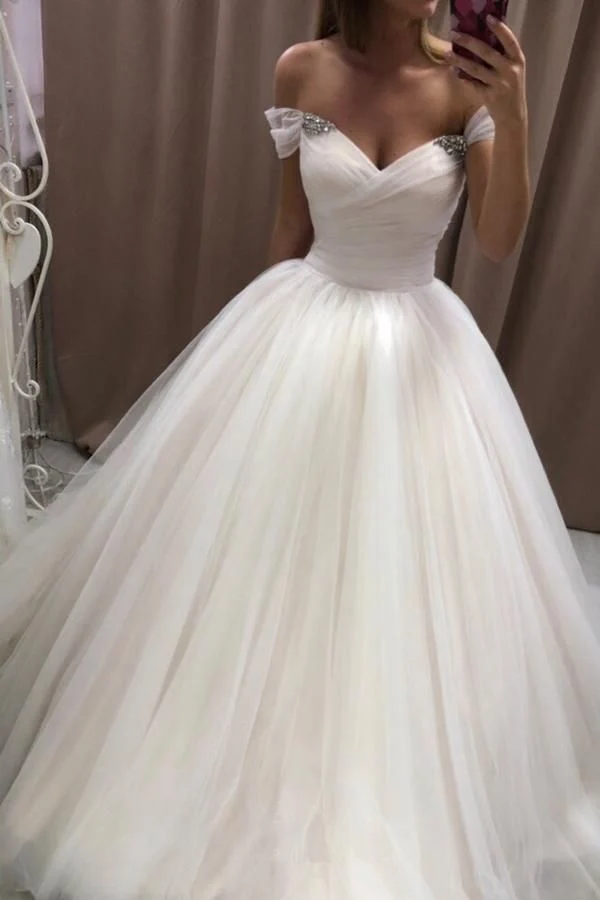 Robe de mariée en tulle ivoire à épaules dénudées avec jupe plissée et lacets