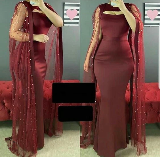 Robe de bal sirène en satin bordeaux, longueur au sol, robe de soirée formelle