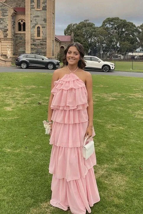Robe de bal longue en mousseline rose à licou, à volants et à volants, élégante et de soutien