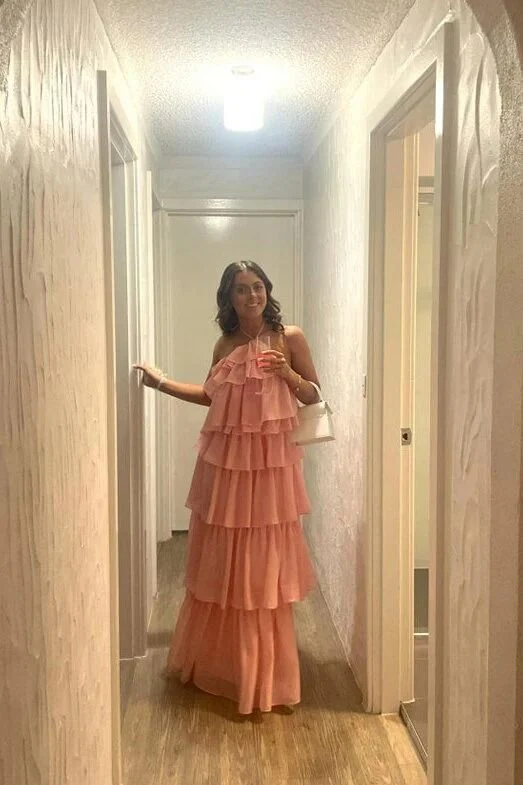 Robe de bal longue en mousseline rose à licou, à volants et à volants, élégante et de soutien