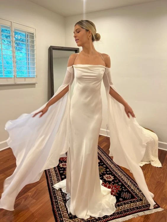 Robe de mariée longue en satin doux, dos ouvert, manches évasées amovibles