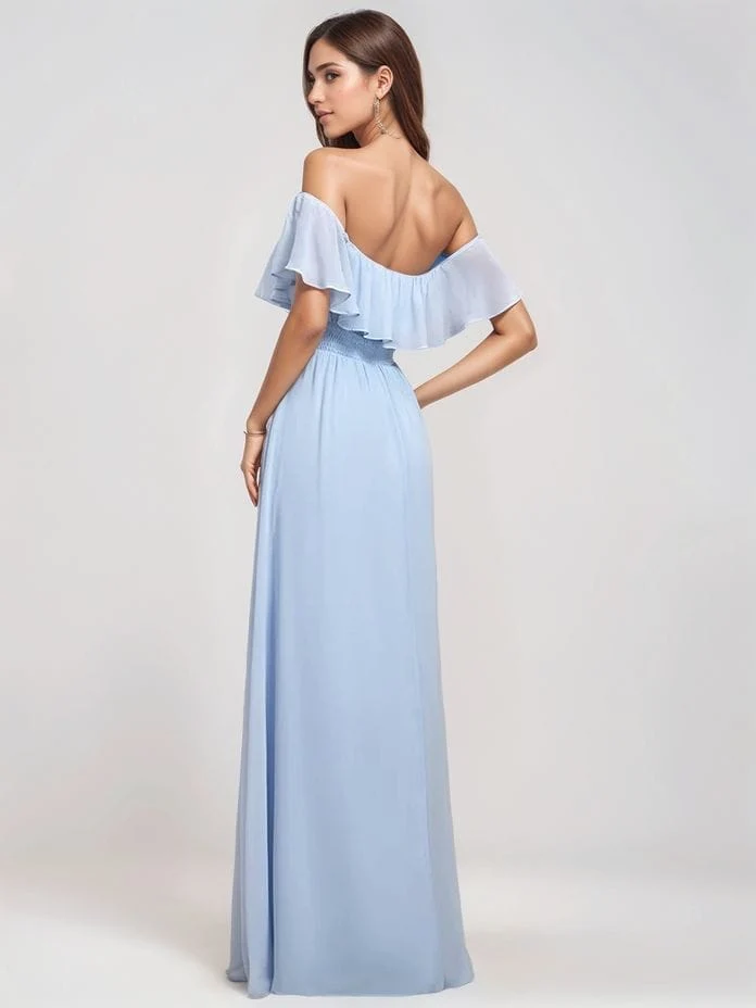 Robe demoiselle d'honneur bleue longue épaules dénudées