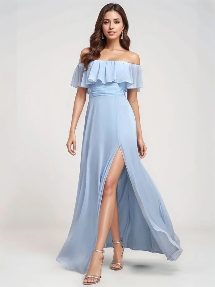 Robe demoiselle d'honneur bleue longue épaules dénudées
