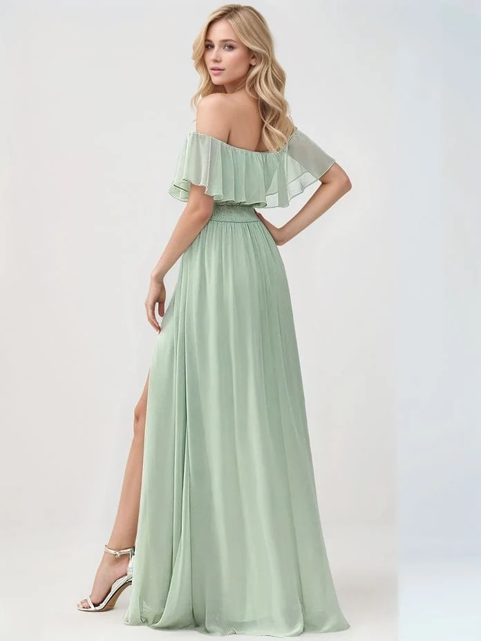 Robe demoiselle d'honneur verte longue épaules dénudées