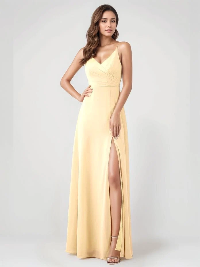 Robe jaune longue fendue pour invitée au mariage