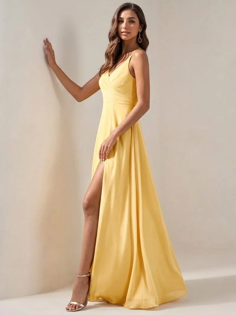 Robe jaune longue fendue pour invitée au mariage