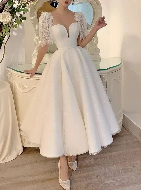 Robe de mariée trapèze en dentelle, longueur thé, manches courtes et soutien-gorge
