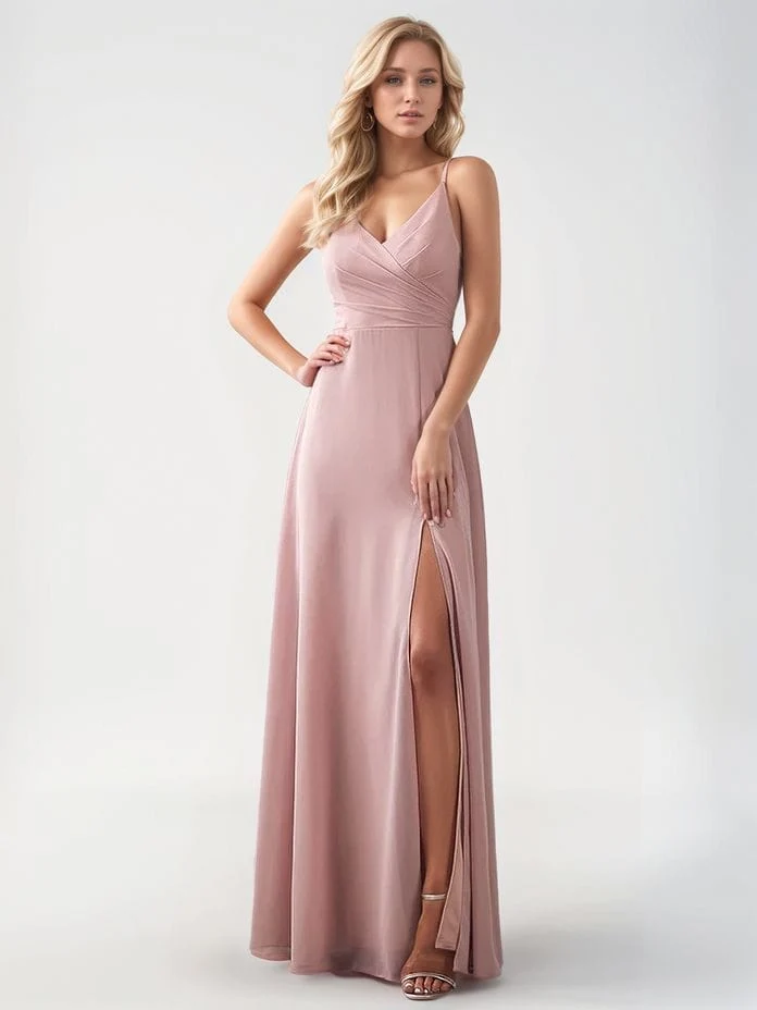 Robe demoiselle d'honneur rose poudrée avec fente haute