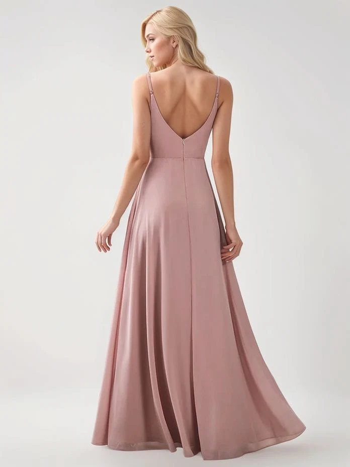 Robe demoiselle d'honneur rose poudrée avec fente haute