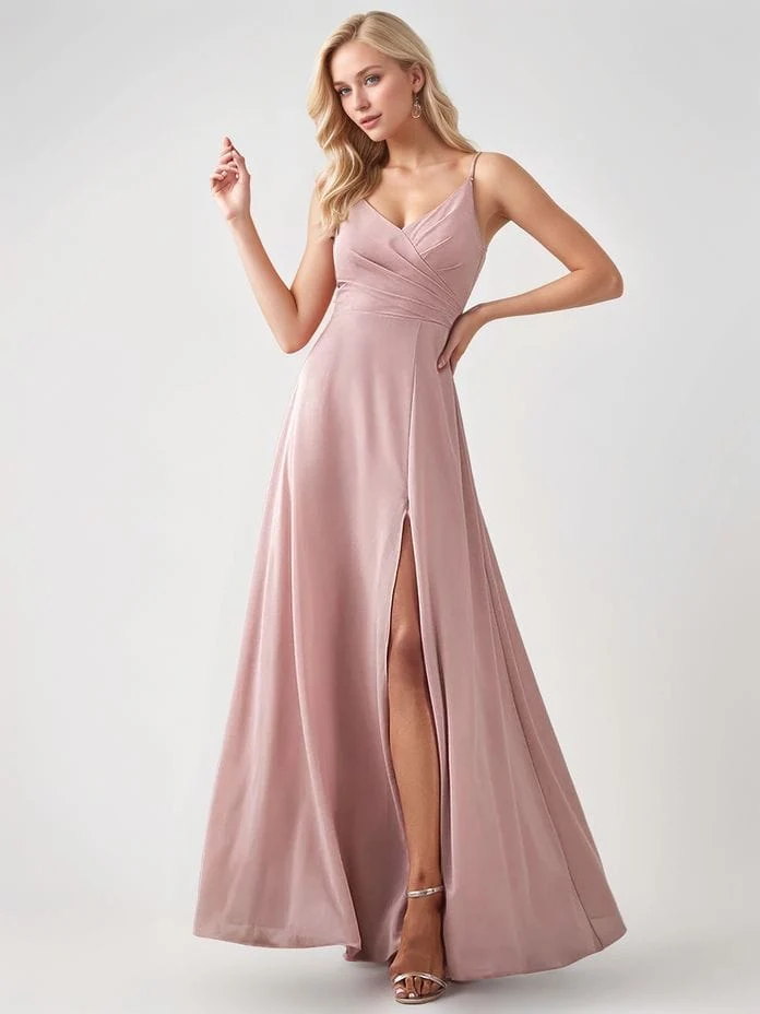 Robe demoiselle d'honneur rose poudrée avec fente haute