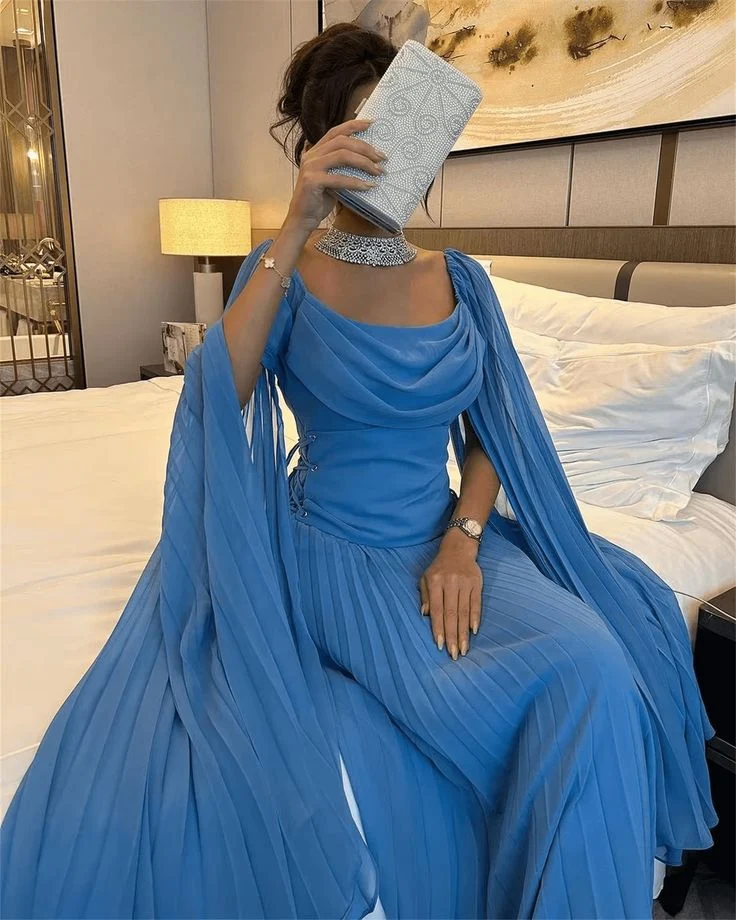 Robe de bal élégante en mousseline bleue, coupe trapèze, longueur cheville, avec soutien-gorge