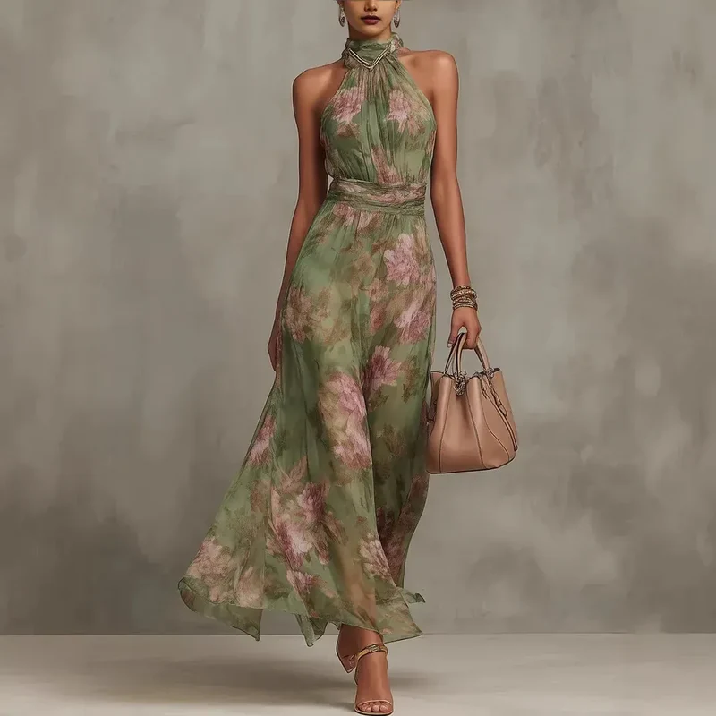 Robe d'été fluide verte à col licou