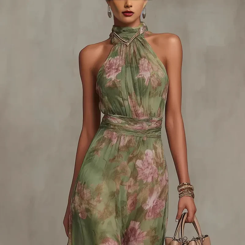 Robe d'été fluide verte à col licou