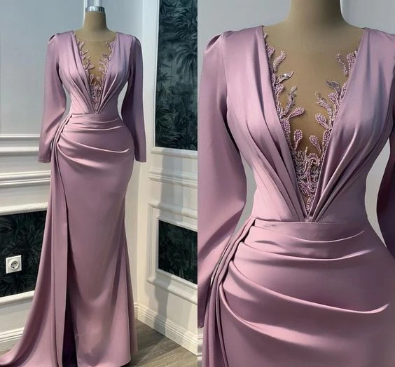 Robe de soirée sirène vintage en satin à manches longues et col en V illusion
