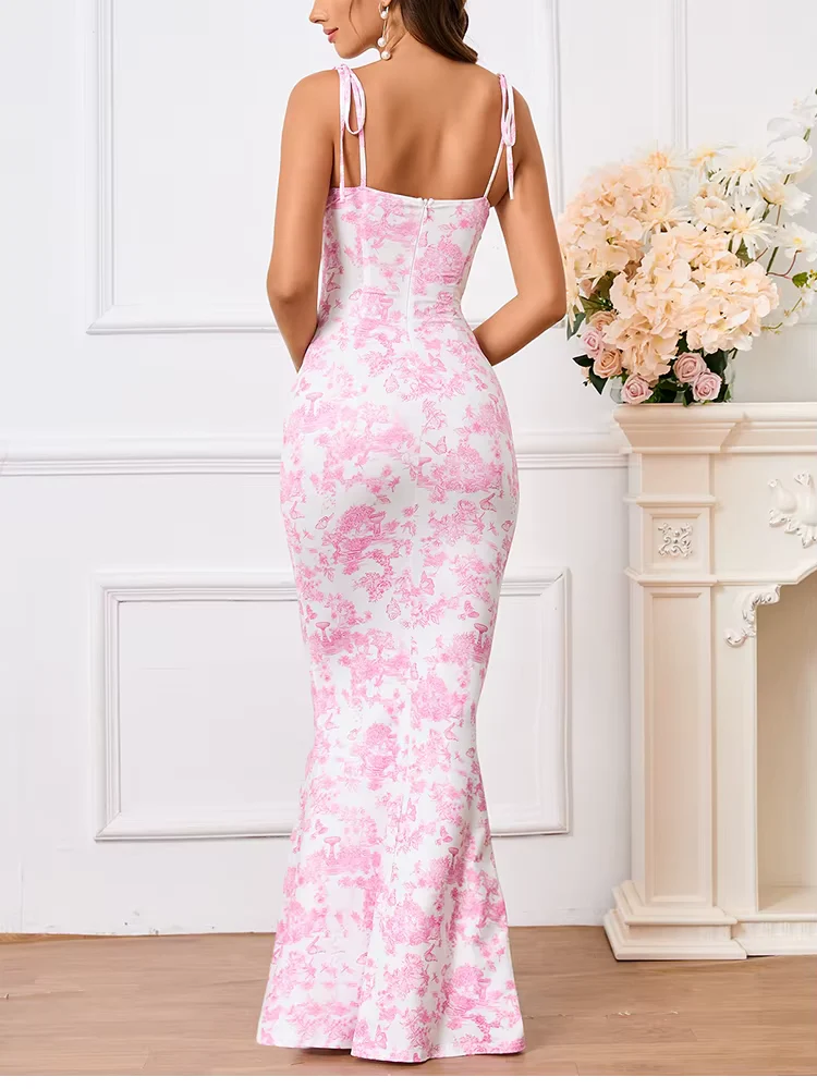 Robe longue moulante rose motif fleuri