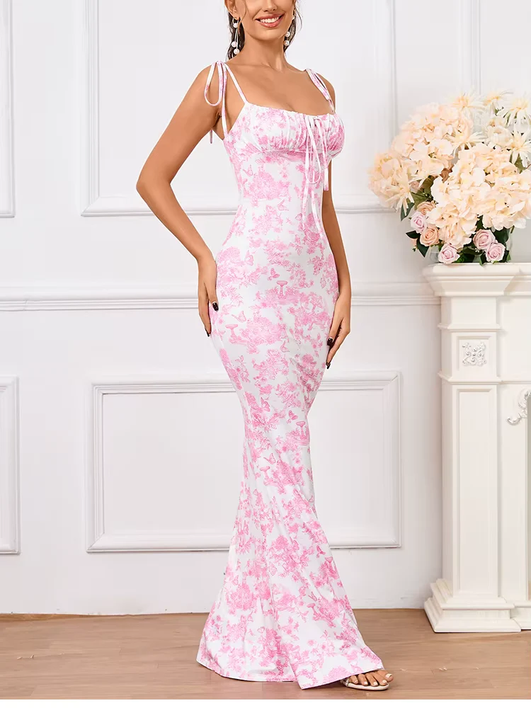 Robe longue moulante rose motif fleuri