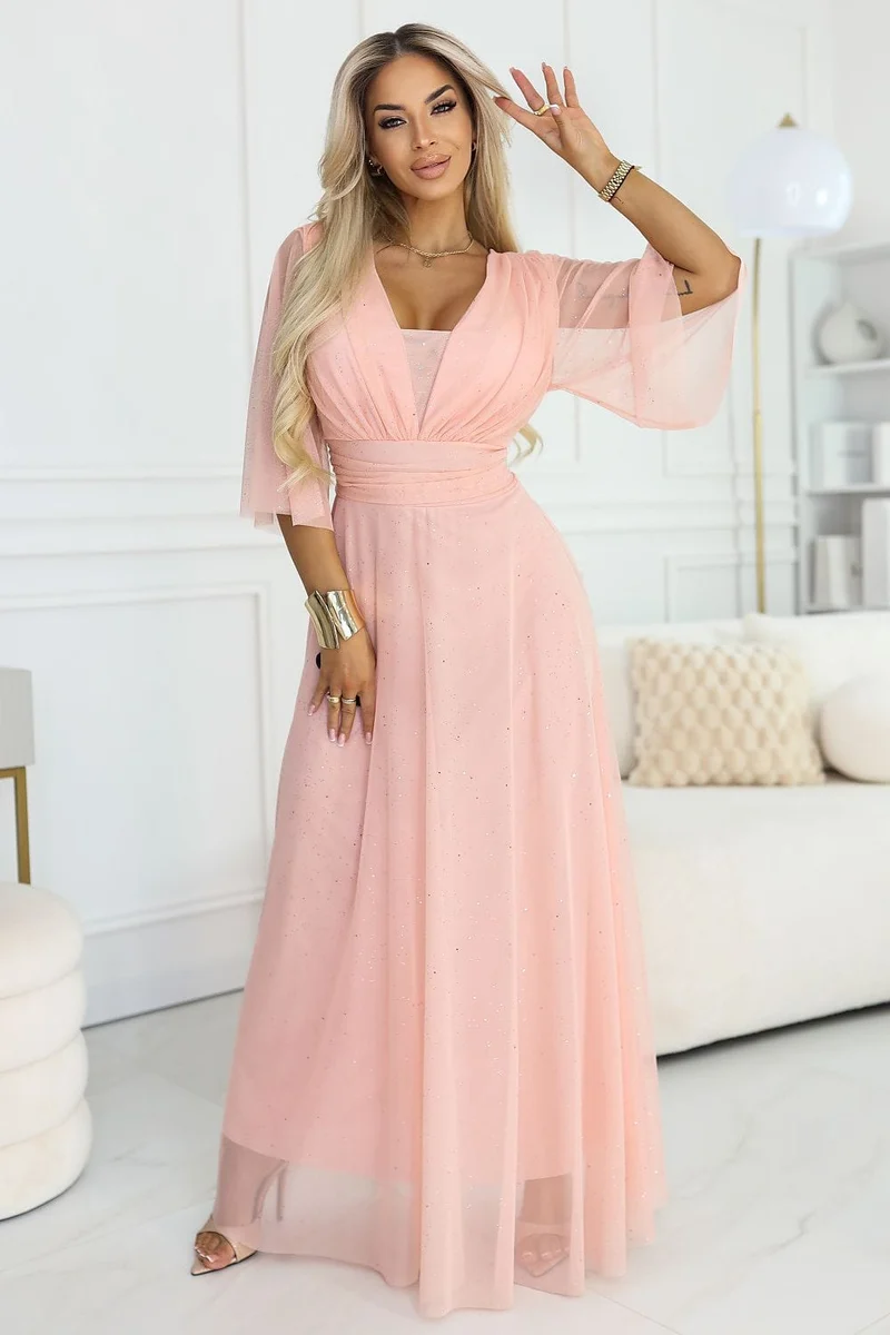 Robe longue rose de soirée chic manches en tulle