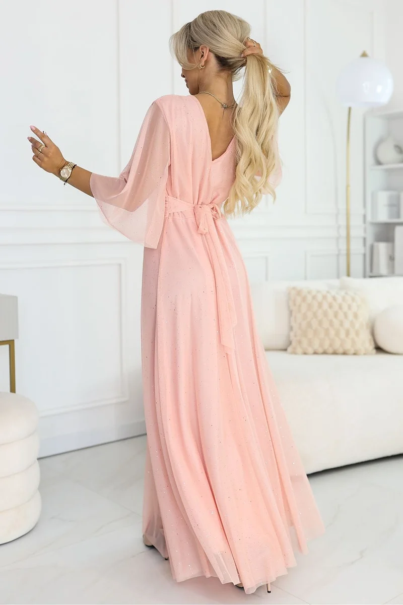 Robe longue rose de soirée chic manches en tulle