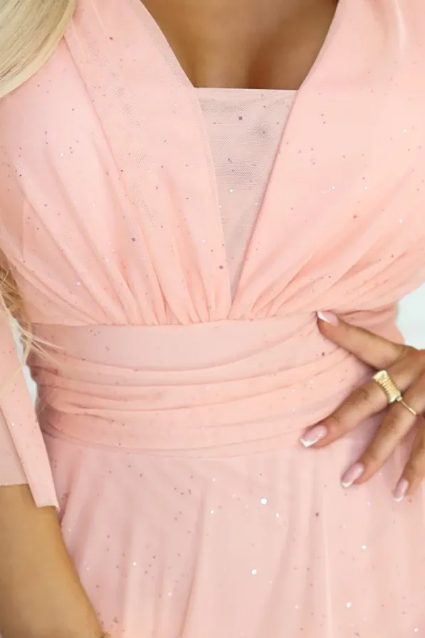 Robe longue rose de soirée chic manches en tulle