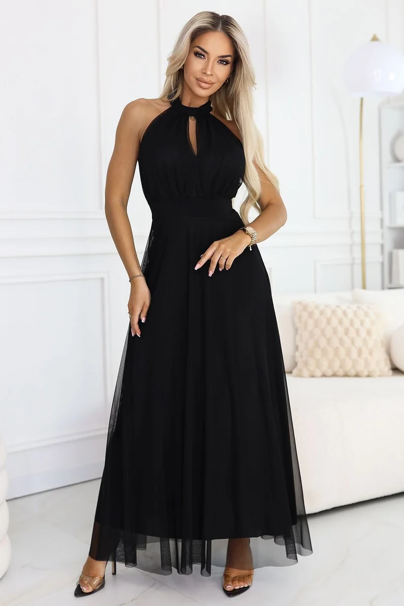Robe de gala longue noire en tulle