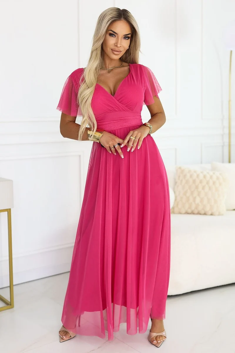 Robe rose longue chic manches courtes
