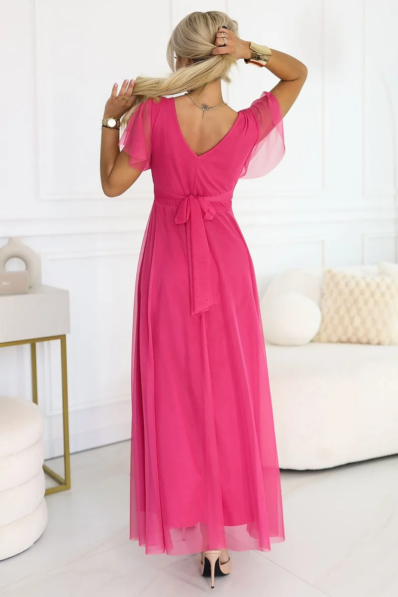 Robe rose longue chic manches courtes