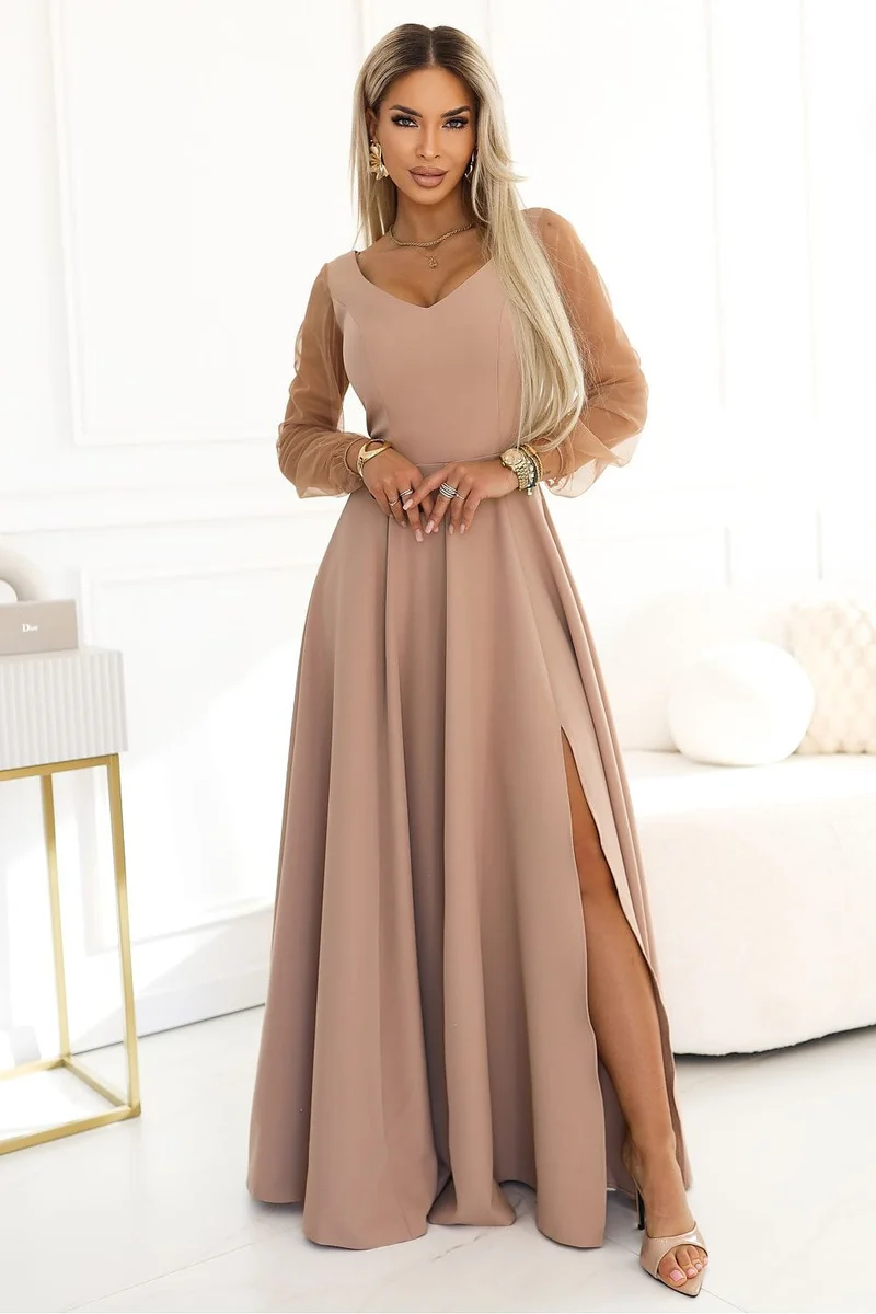 Robe de soirée longue beige manches transparentes
