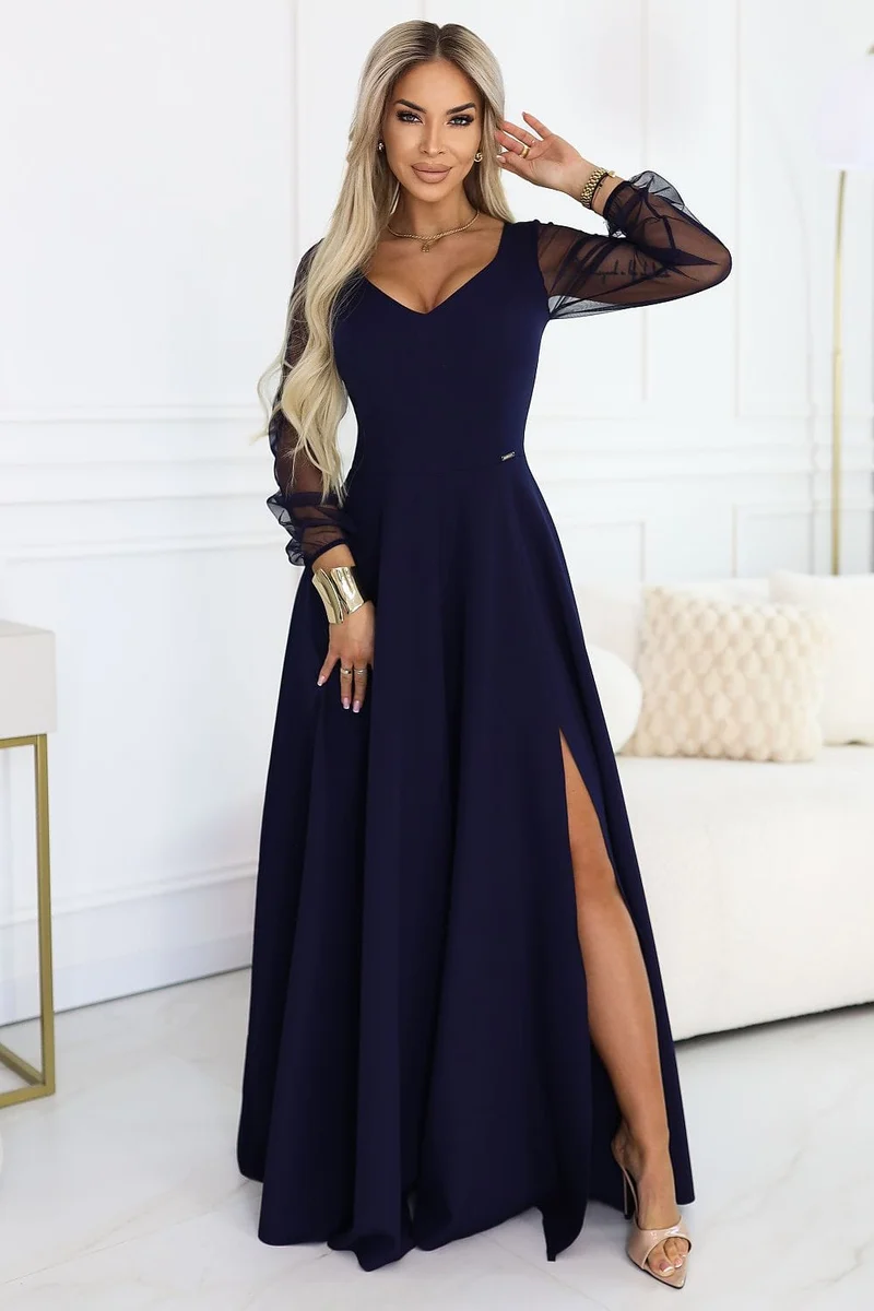 Robe longue bleue chic manches transparentes