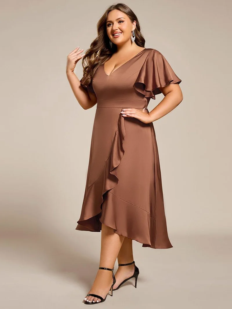 pretty SAIGE|Robe d'invitée de mariage en satin grande taille avec jupe à volants