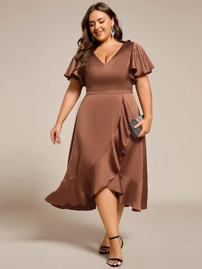 pretty SAIGE|Robe d'invitée de mariage en satin grande taille avec jupe à volants