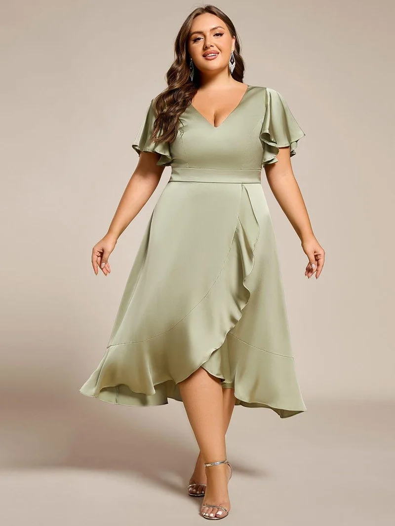 pretty SAIGE|Robe d'invitée de mariage en satin grande taille avec jupe à volants