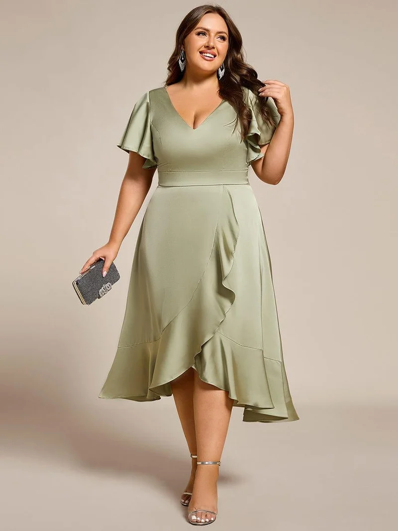 pretty SAIGE|Robe d'invitée de mariage en satin grande taille avec jupe à volants