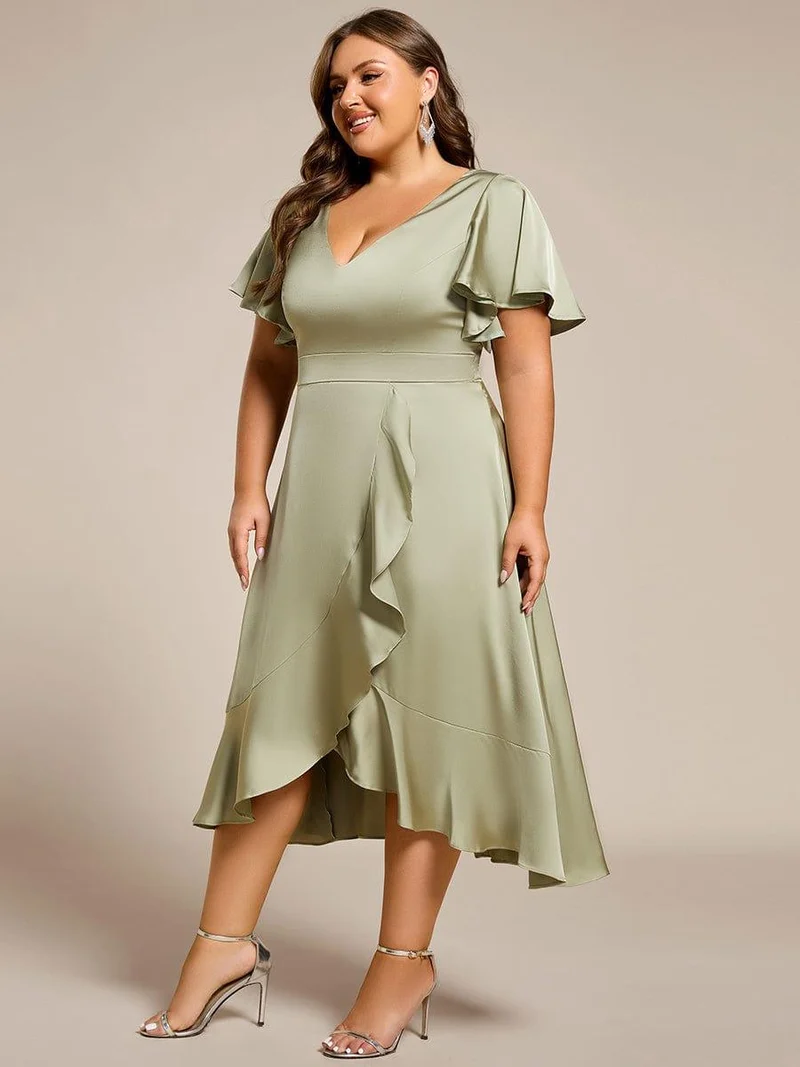 pretty SAIGE|Robe d'invitée de mariage en satin grande taille avec jupe à volants