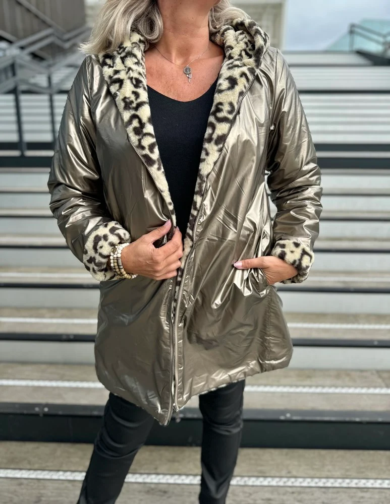 Veste fourrée Laura réversible bronze et léopard