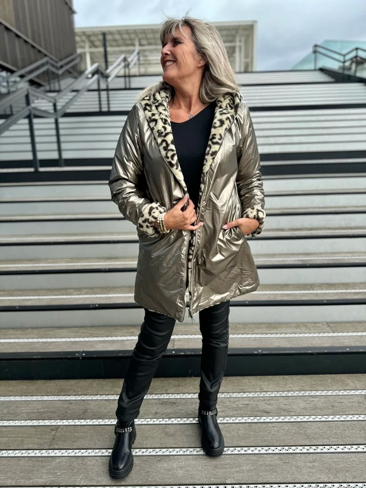 Veste fourrée Laura réversible bronze et léopard