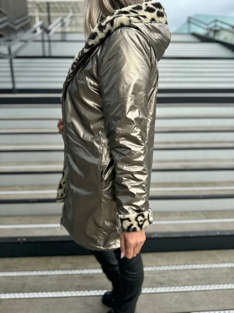 Veste fourrée Laura réversible bronze et léopard