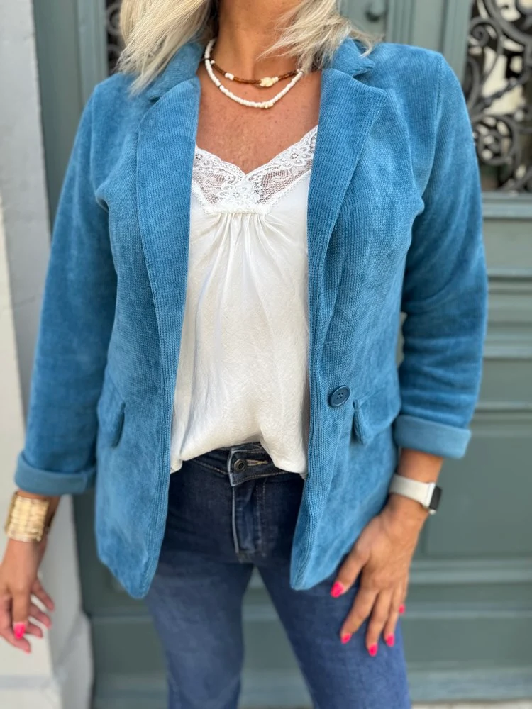 Veste tailleur en velours Sandra turquoise foncé