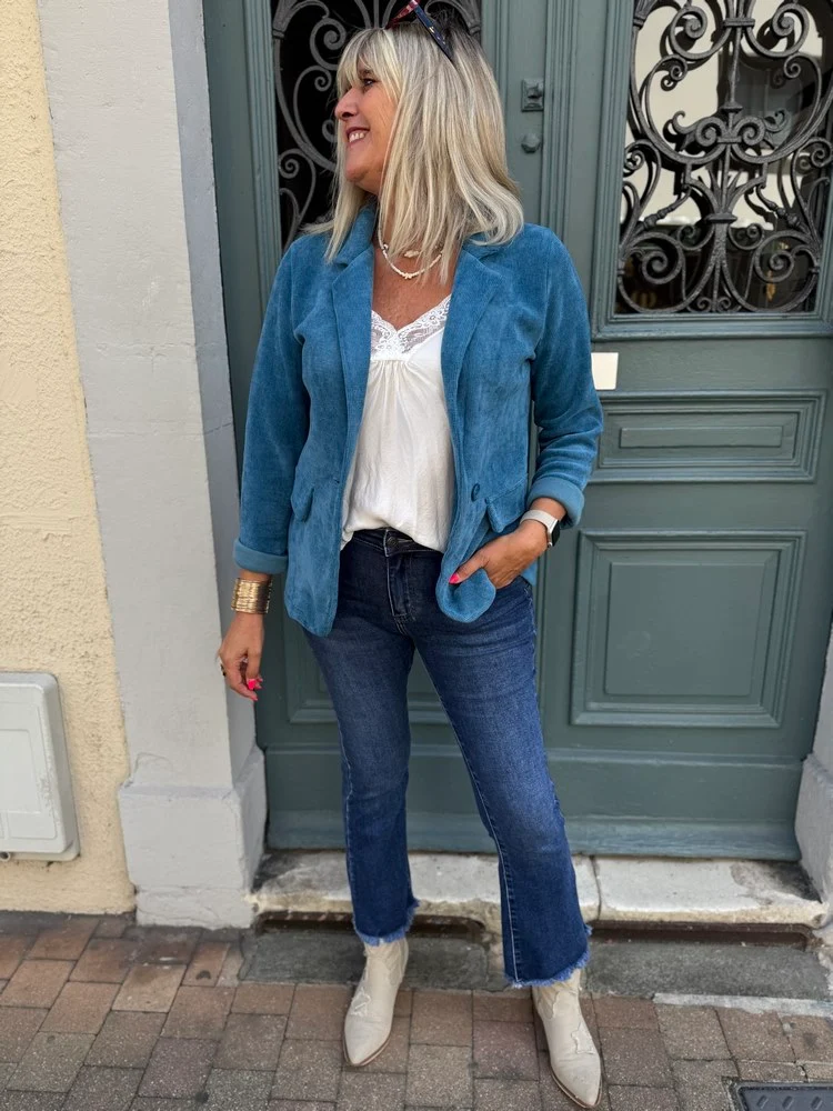 Veste tailleur en velours Sandra turquoise foncé